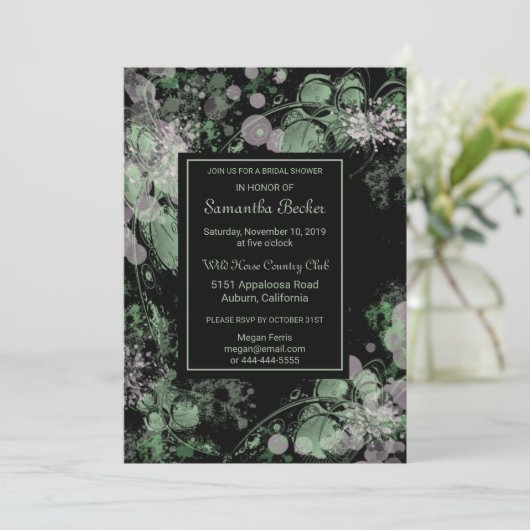 水彩グリーンとピンクボタニカルブライダルシャワー 招待状 (スタンド正面)