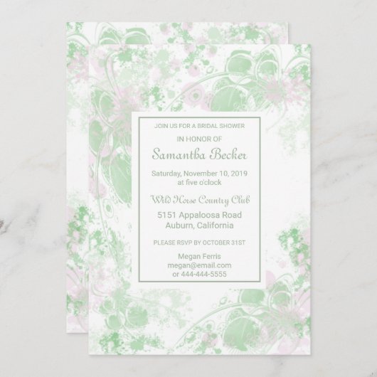 水彩グリーンとピンクボタニカルブライダルシャワー 招待状 (正面/裏面)