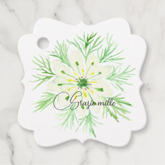水彩グリーンとホワイトの花 Grazie Mille フェイバータグ (正面)
