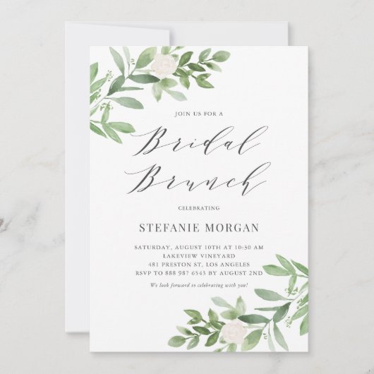 水彩グリーンと花のブライダルブランチ 招待状 (正面)
