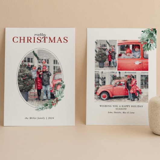 水彩グリーンと赤い実のオーバル写真 シーズンカード