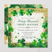 水彩グリーンと金ゴールドシャムロックSweet sixteen 招待状 (正面/裏面)