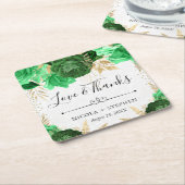 水彩グリーンと金ゴールド結婚の花 スクエアペーパーコースター (アングル)