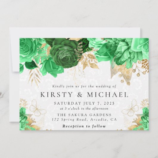 水彩グリーンと金ゴールド結婚の花 招待状 (正面)