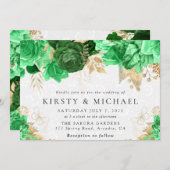 水彩グリーンと金ゴールド結婚の花 招待状 (正面/裏面)