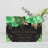 水彩グリーンと金ゴールド結婚の花 招待状 (スタンド正面)