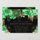 水彩グリーンと金ゴールド結婚の花 招待状 (正面/裏面)