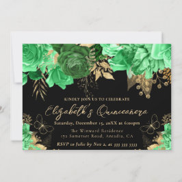 水彩グリーンと金ゴールド花キンセアニェラ 招待状