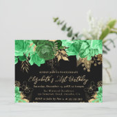 水彩グリーンと金ゴールド花21歳の誕生日 招待状 (スタンド正面)