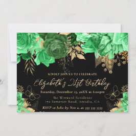 水彩グリーンと金ゴールド花21歳の誕生日 招待状