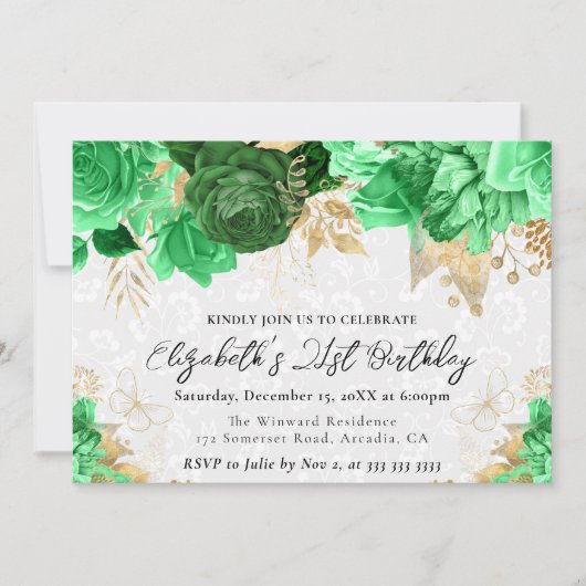 水彩グリーンと金ゴールド花21歳の誕生日 招待状 (正面)