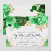 水彩グリーンと金ゴールド花21歳の誕生日 招待状 (正面/裏面)