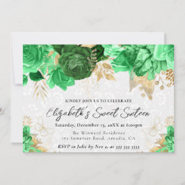 水彩グリーンと金ゴールド花Sweet sixteen 招待状
