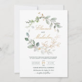 水彩グリーンと離れ金ゴールド結婚ズ 招待状 (正面)