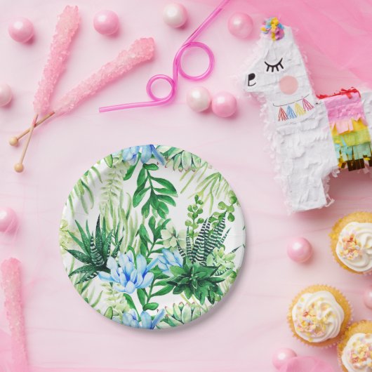 水彩グリーンと青の多肉植物、葉 ペーパープレート (パーティー)