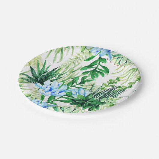 水彩グリーンと青の多肉植物、葉 ペーパープレート (アングル)
