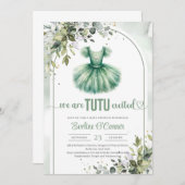 水彩グリーンのチュチュドレス　ユーカリとゴールド 招待状 (正面/裏面)