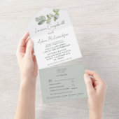水彩グリーンのユーカリの結婚式 オールインワン招待状 (貼ってはがせる)
