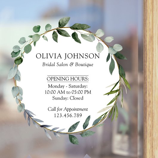 水彩グリーンのユーカリの葉の営業時間 ウィンドウサイン