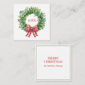 水彩グリーンのリースに赤のギンガムリボン ノートカード (正面/裏面)