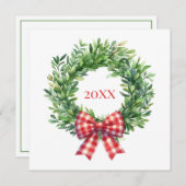 水彩グリーンのリースに赤のギンガムリボン ノートカード (正面/裏面)