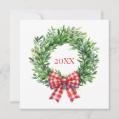 水彩グリーンのリースに赤のギンガムリボン ノートカード (正面)