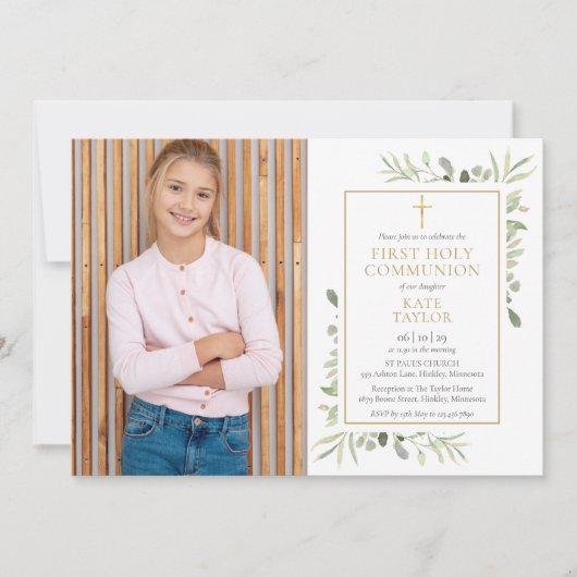 水彩グリーンの写真 ファースト・ホーリー・コミュニオン 招待状 (正面)