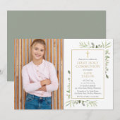 水彩グリーンの写真 ファースト・ホーリー・コミュニオン 招待状 (正面/裏面)