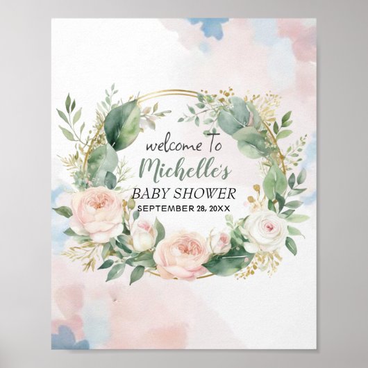 水彩グリーンの女の子ベビーシャワー歓迎看板 ポスター (正面)