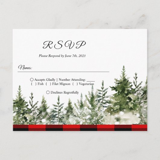 水彩グリーンの松の木と赤のバフファロープレイド インビテーションポストカード (正面)