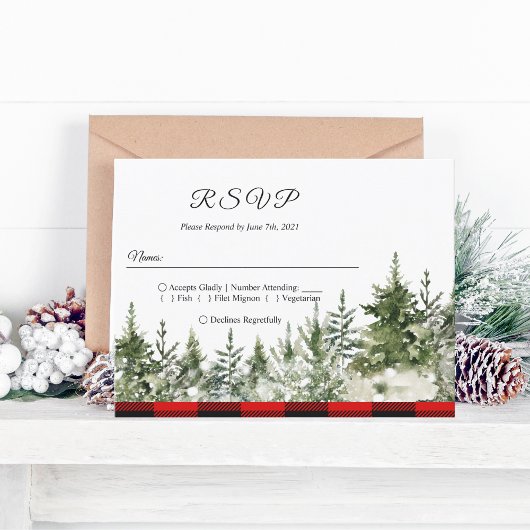 水彩グリーンの松の木と赤のバフファロープレイド インビテーションポストカード