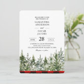 水彩グリーンの松の木と赤のバフファロープレイド 招待状 (スタンド正面)