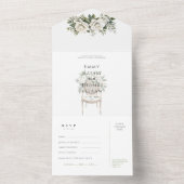 水彩グリーンの白いバラの結婚式出欠確認カード オールインワン招待状 (内側)
