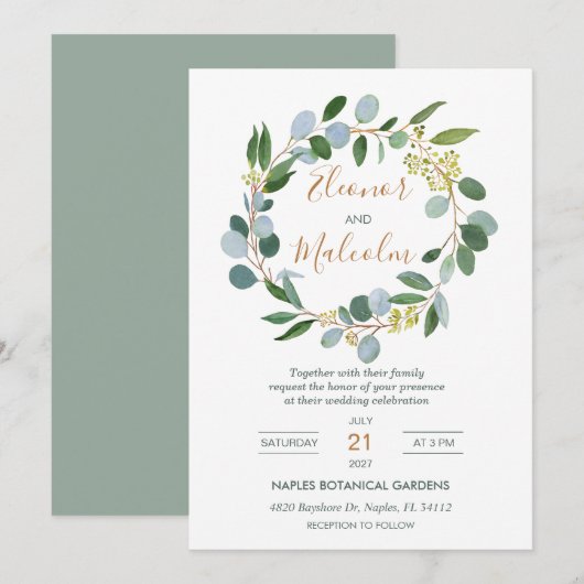 水彩グリーンの花輪、ユーカリの結婚式 招待状 (正面/裏面)