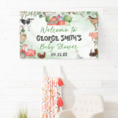 水彩グリーンの葉と農場の動物のベイビーシャワー 横断幕 (インサイチュ)