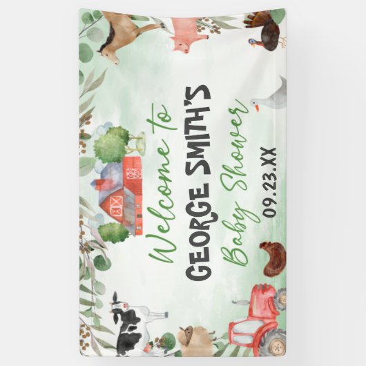 水彩グリーンの葉と農場の動物のベイビーシャワー 横断幕 (縦)