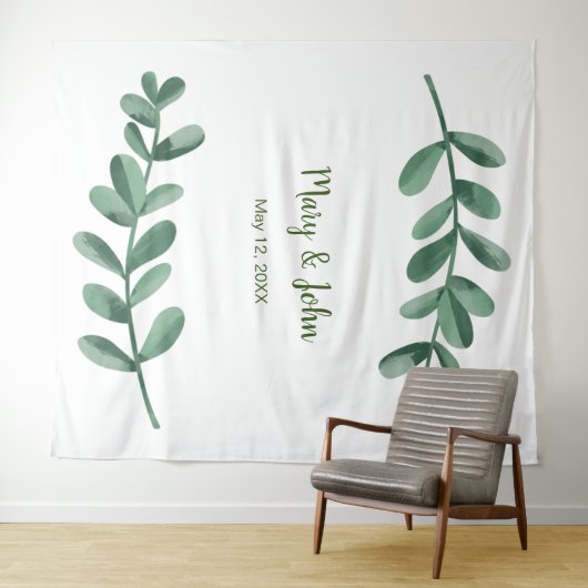 水彩グリーンの葉のウェディングフォトバックドロップ タペストリー (インサイチュ(横))