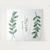 水彩グリーンの葉のウェディングフォトバックドロップ タペストリー (正面(横))