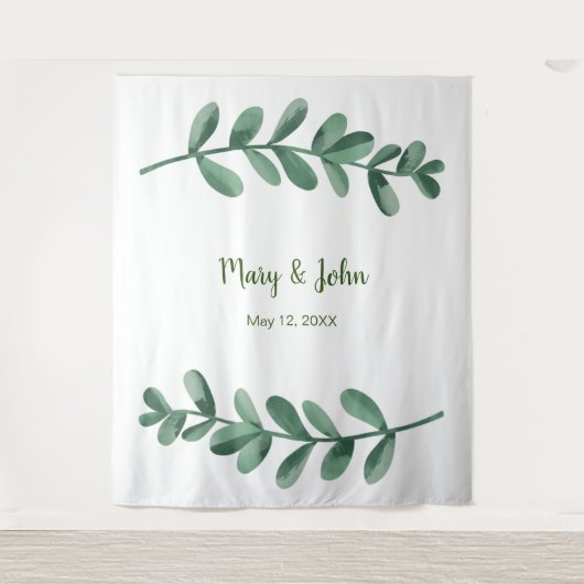 水彩グリーンの葉のウェディングフォトバックドロップ タペストリー (正面)