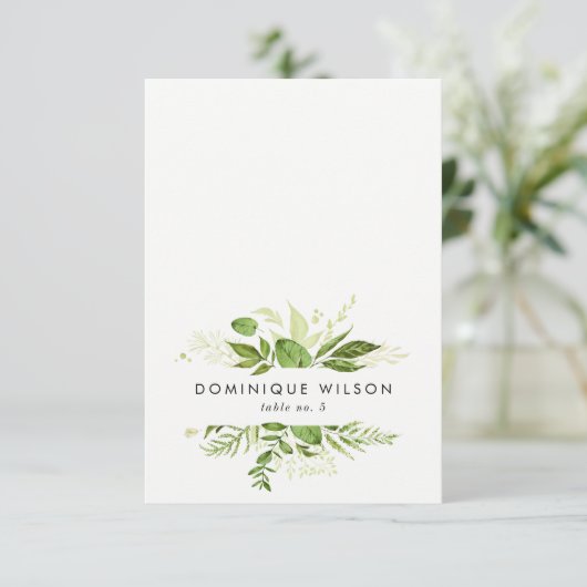 水彩グリーンの葉のウェディングプレースカード 招待状 (スタンド正面)