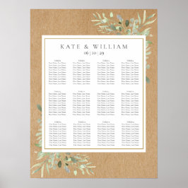 水彩グリーンの葉のウェディング席次表 ポスター