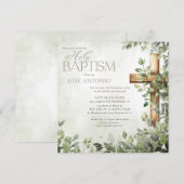 水彩グリーンの葉の木の十字架 現代の洗礼 招待状 (正面/裏面)
