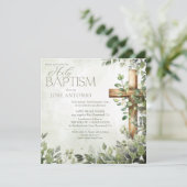 水彩グリーンの葉の木の十字架 現代の洗礼 招待状 (スタンド正面)
