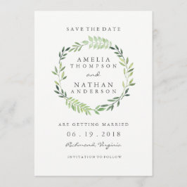 水彩グリーンの葉の花輪 結婚式 Save The Date セーブザデート