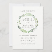 水彩グリーンの葉の花輪 結婚式 Save The Date セーブザデート (正面)