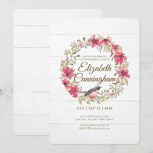 水彩グリーンの葉の鳥バーチャルメモリアル 招待状 (正面/裏面)