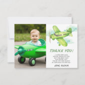 水彩グリーンの飛行機の誕生日ありがとう サンキューカード (正面)