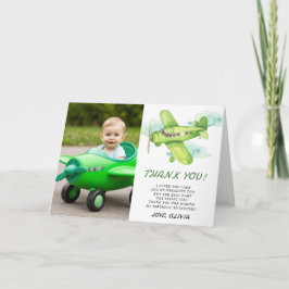水彩グリーンの飛行機の誕生日ありがとう サンキューカード
