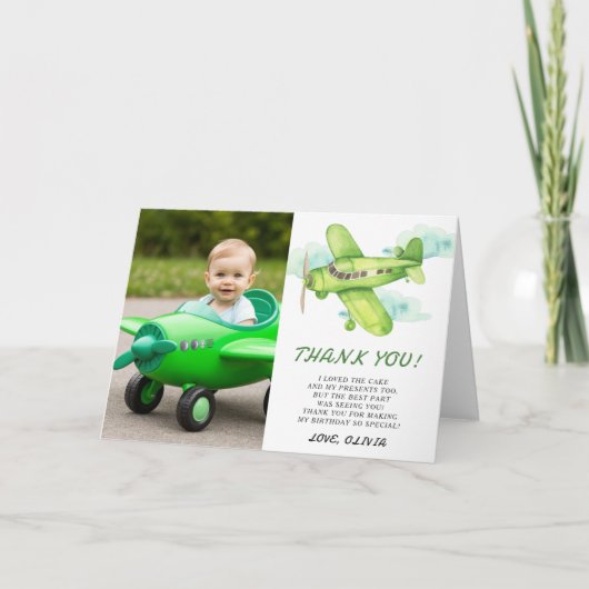 水彩グリーンの飛行機の誕生日ありがとう サンキューカード (正面)