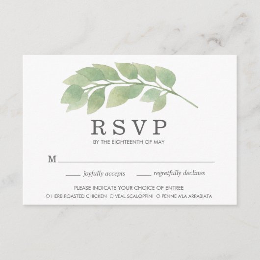 水彩グリーンウェディング食事選択返信カード 出欠カード (正面)